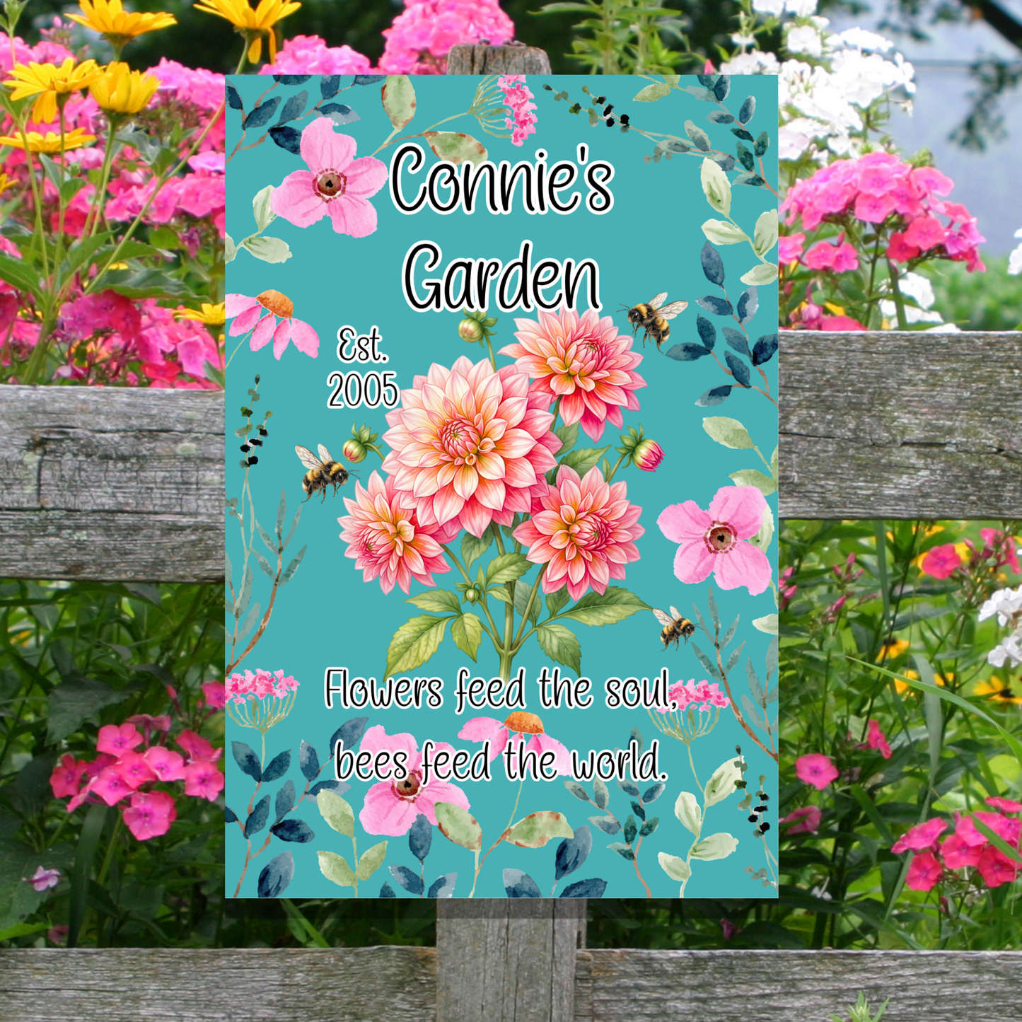 Personalized Aluminum Flower Garden Wall Sign –Name, Date & Quote