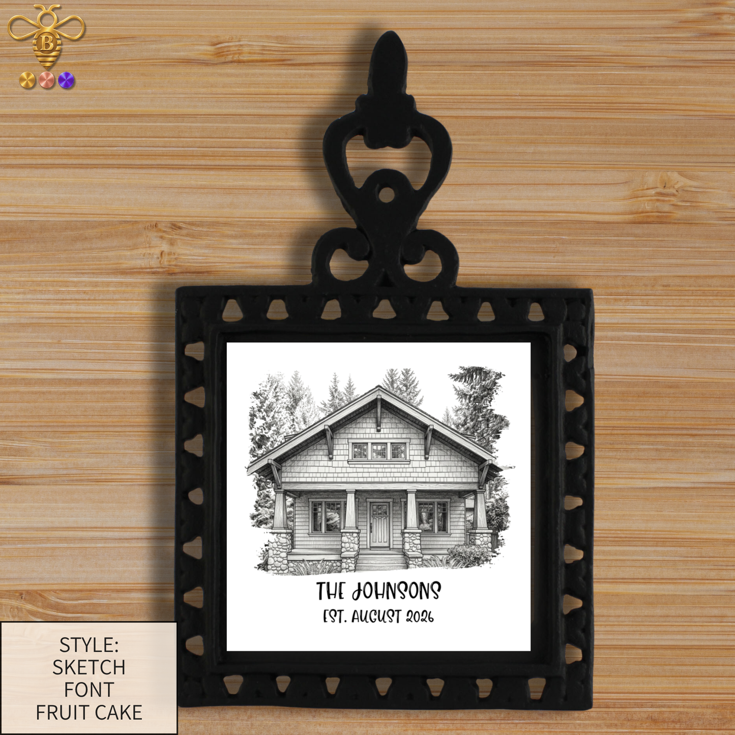 Tiles & Trivet (House Portrait) with Name & Est. Date (Choose Tile Type)