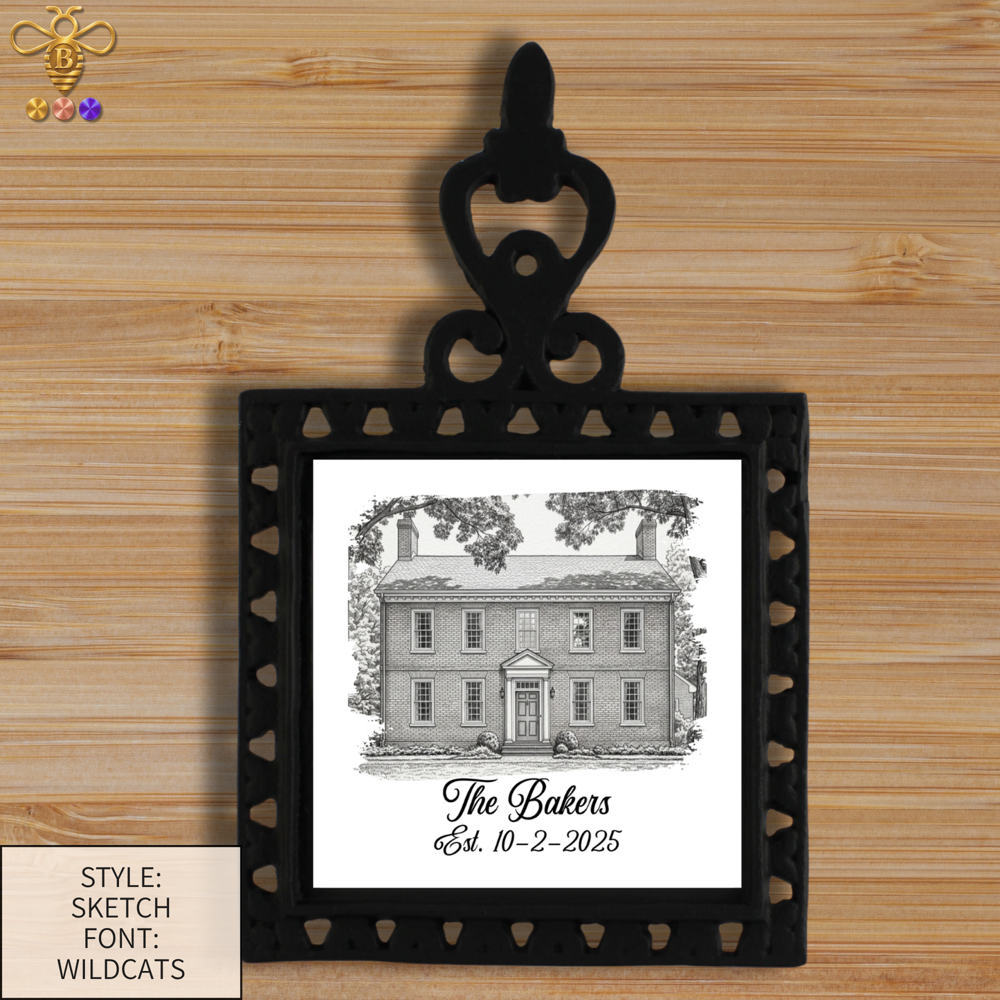Tiles & Trivet (House Portrait) with Name & Est. Date (Choose Tile Type)