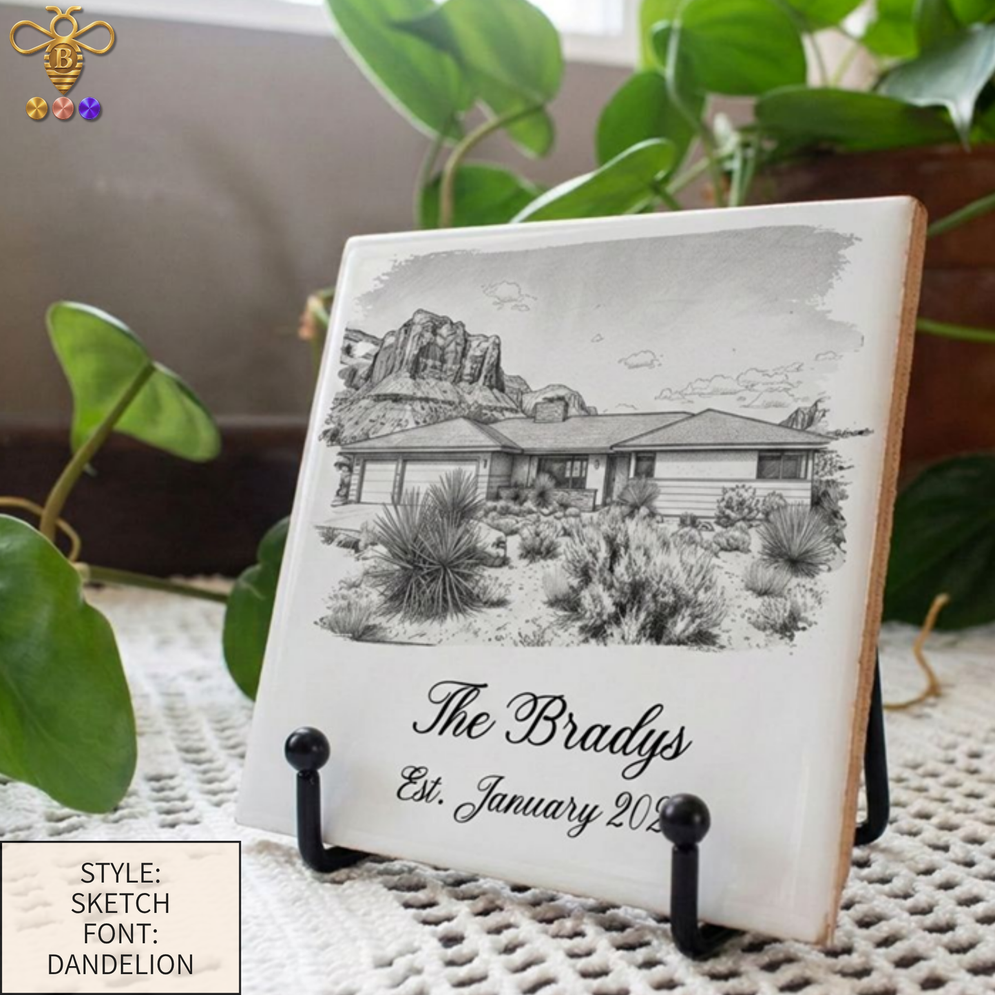 Tiles & Trivet (House Portrait) with Name & Est. Date (Choose Tile Type)