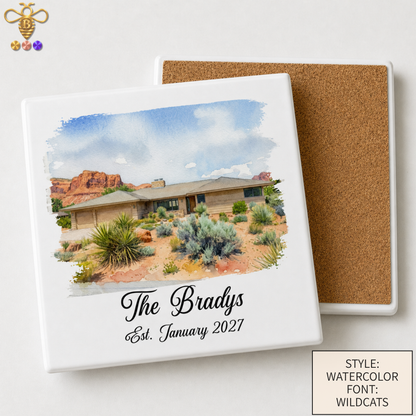 Tiles & Trivet (House Portrait) with Name & Est. Date (Choose Tile Type)