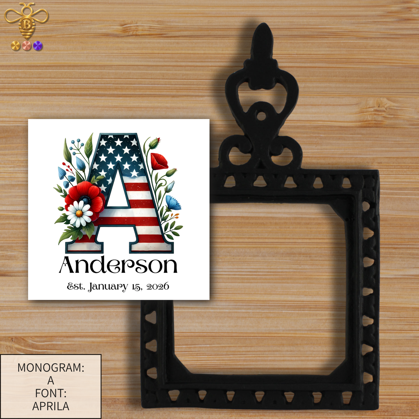Patriotic Monogram Name & Est. Date Tile – 4x4, 6x6, 8x8 (Trivet & Display)