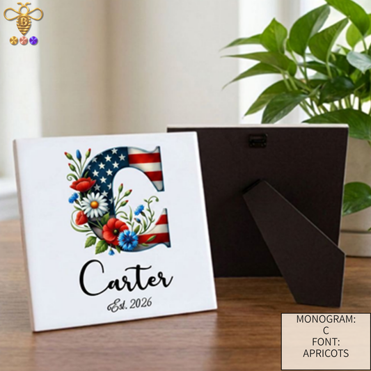 Patriotic Monogram Name & Est. Date Tile – 4x4, 6x6, 8x8 (Trivet & Display)