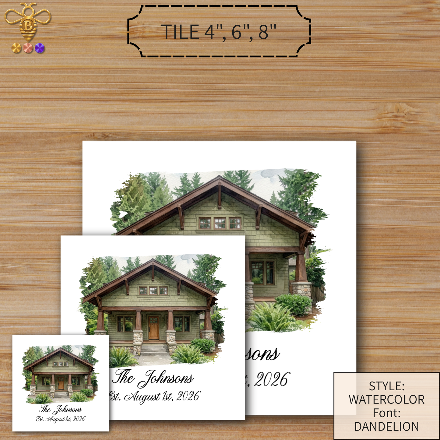 Tiles & Trivet (House Portrait) with Name & Est. Date (Choose Tile Type)