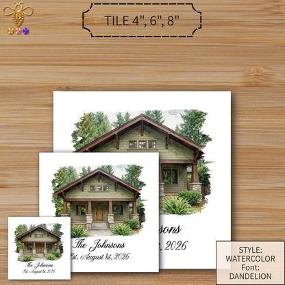 Tiles & Trivet (House Portrait) with Name & Est. Date (Choose Tile Type)