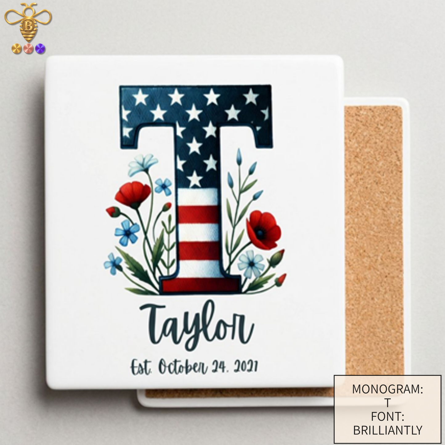 Patriotic Monogram Name & Est. Date Tile – 4x4, 6x6, 8x8 (Trivet & Display)
