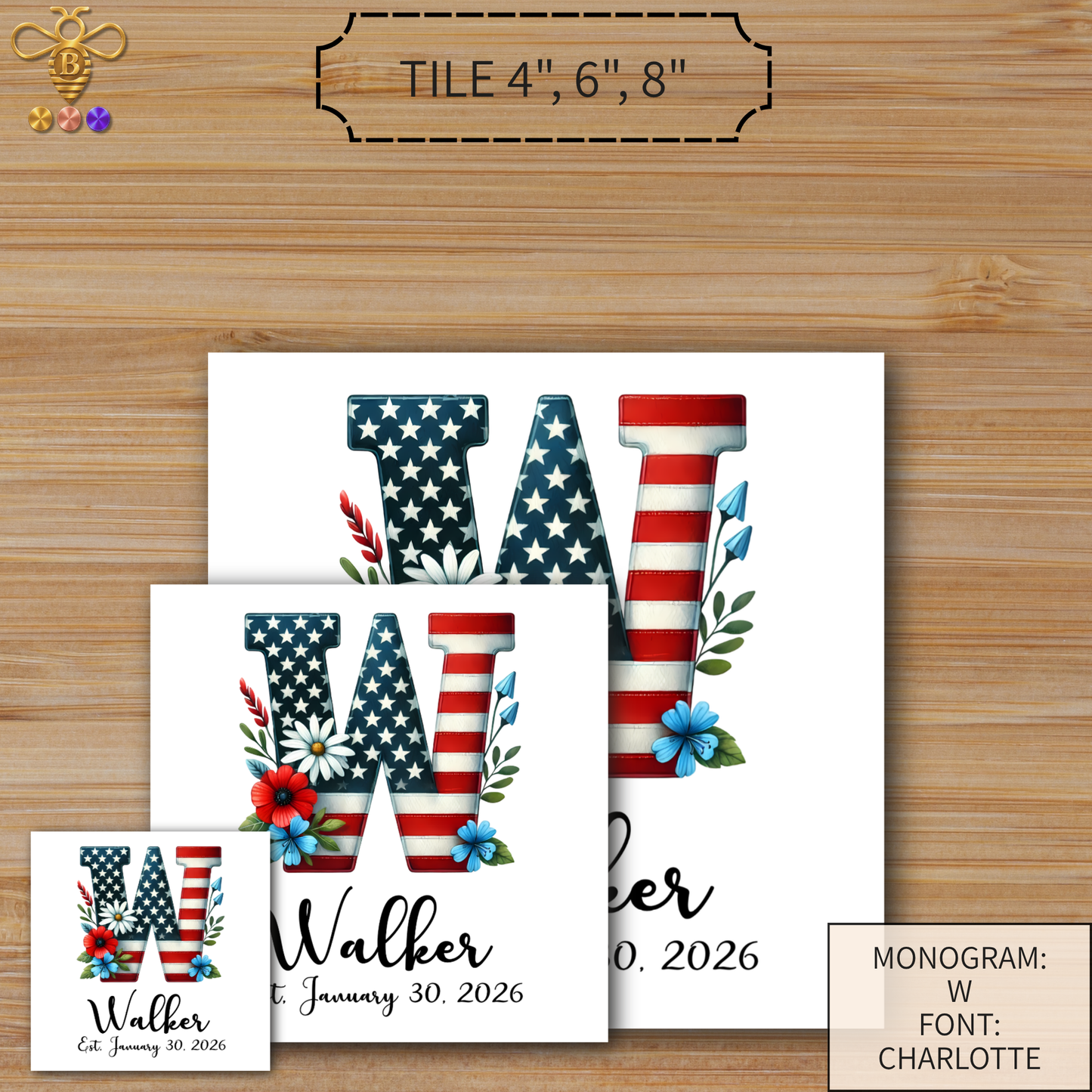 Patriotic Monogram Name & Est. Date Tile – 4x4, 6x6, 8x8 (Trivet & Display)