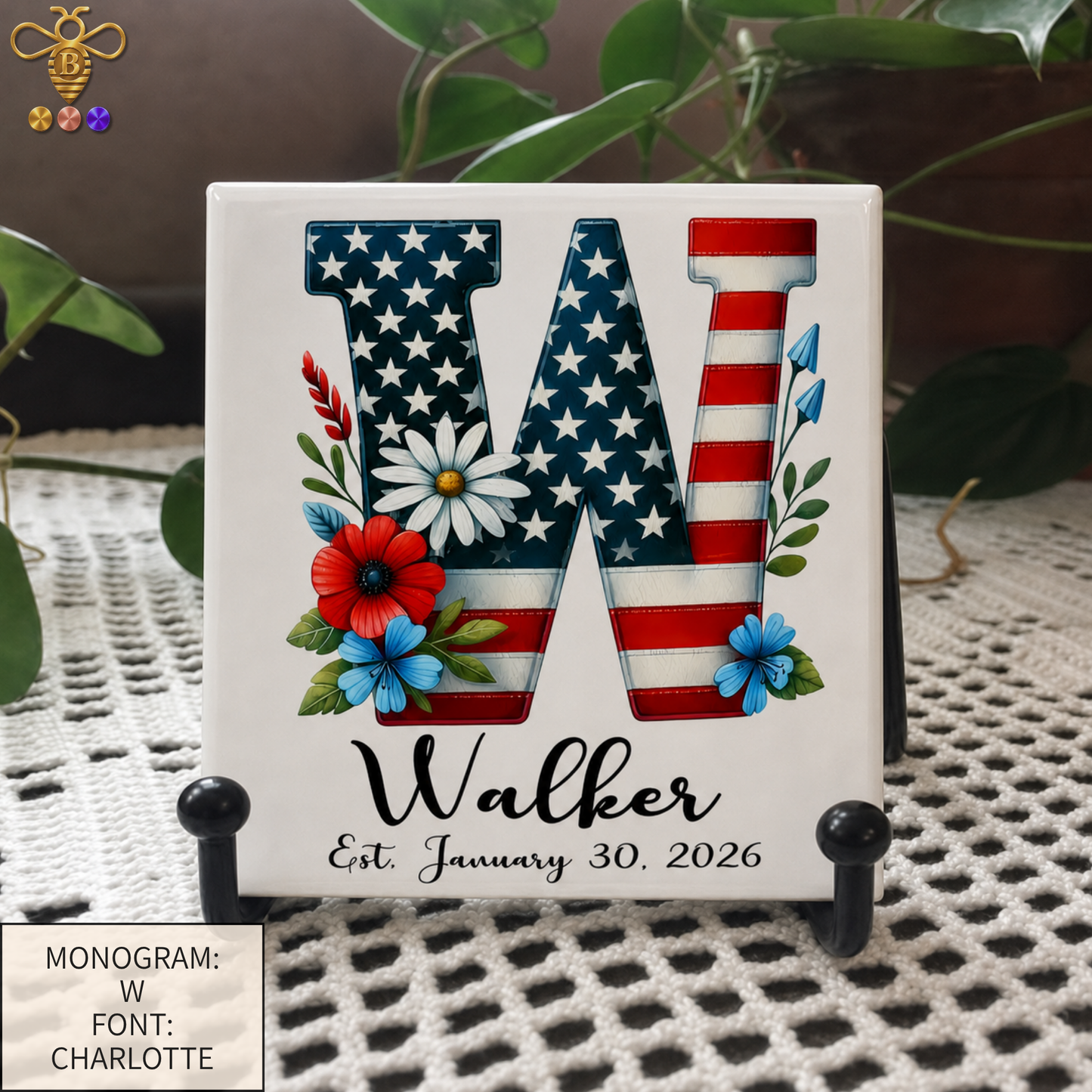 Patriotic Monogram Name & Est. Date Tile – 4x4, 6x6, 8x8 (Trivet & Display)