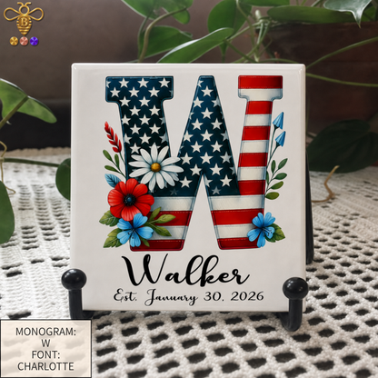 Patriotic Monogram Name & Est. Date Tile – 4x4, 6x6, 8x8 (Trivet & Display)