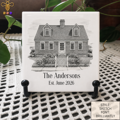 Tiles & Trivet (House Portrait) with Name & Est. Date (Choose Tile Type)