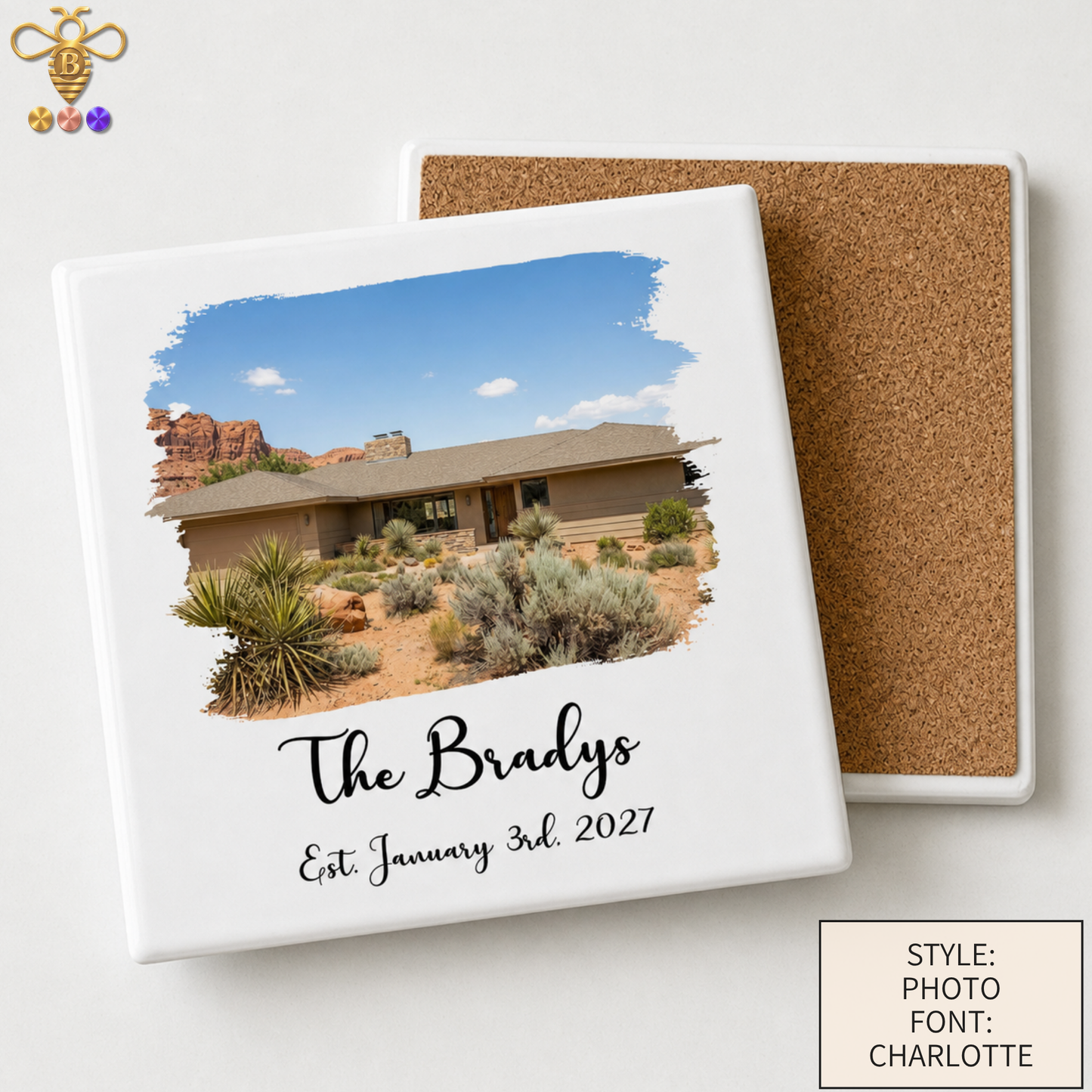 Tiles & Trivet (House Portrait) with Name & Est. Date (Choose Tile Type)