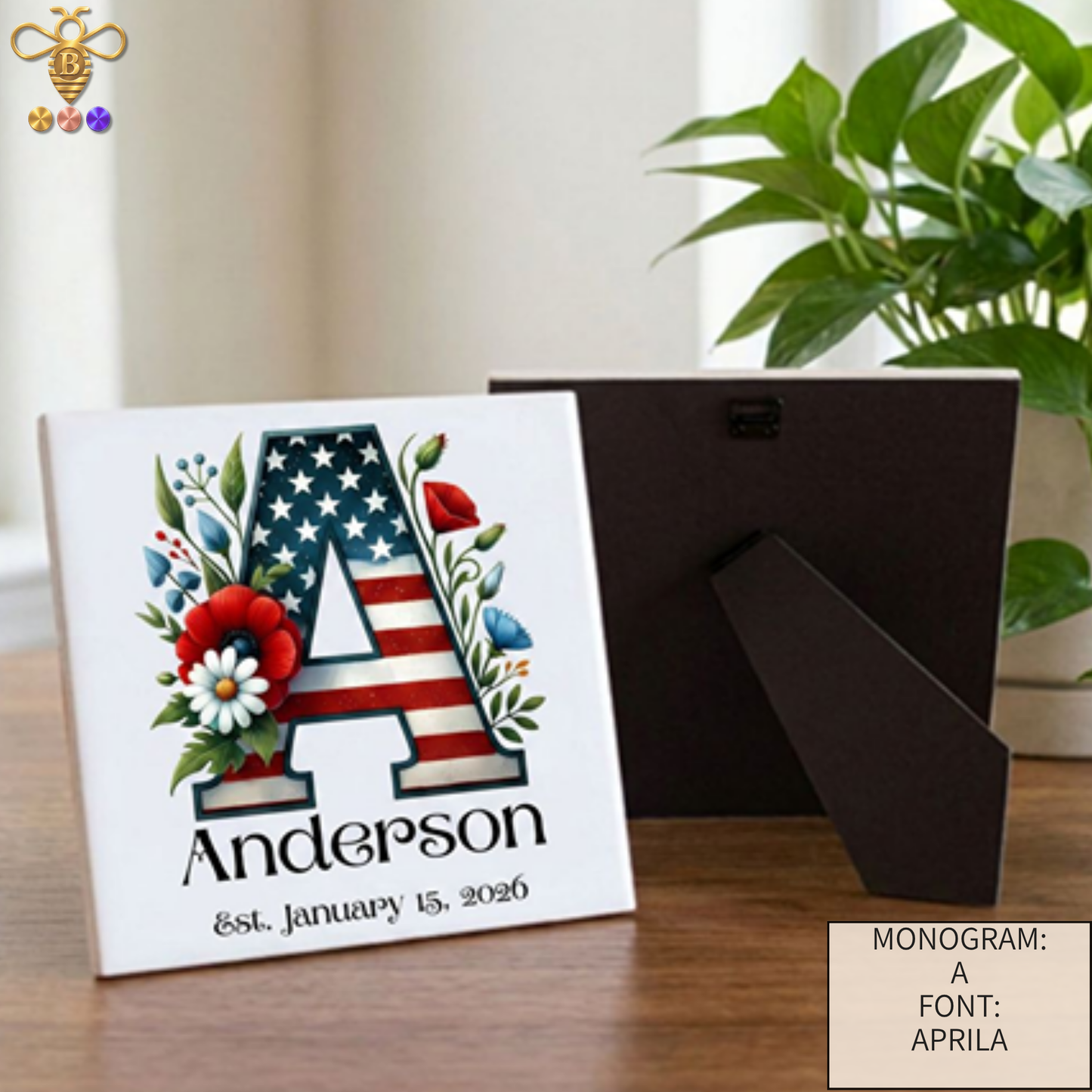 Patriotic Monogram Name & Est. Date Tile – 4x4, 6x6, 8x8 (Trivet & Display)