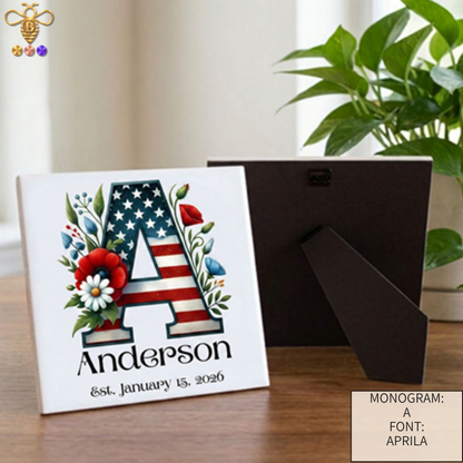 Patriotic Monogram Name & Est. Date Tile – 4x4, 6x6, 8x8 (Trivet & Display)
