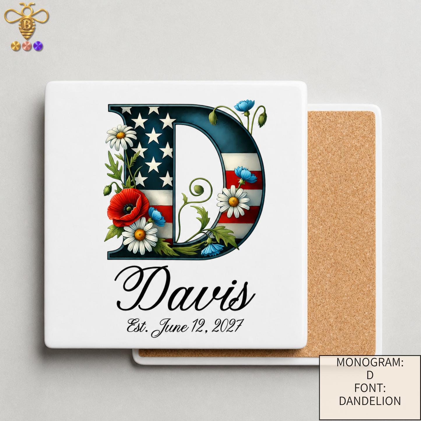 Patriotic Monogram Name & Est. Date Tile – 4x4, 6x6, 8x8 (Trivet & Display)