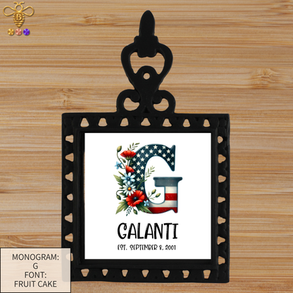 Patriotic Monogram Name & Est. Date Tile – 4x4, 6x6, 8x8 (Trivet & Display)