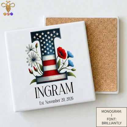 Patriotic Monogram Name & Est. Date Tile – 4x4, 6x6, 8x8 (Trivet & Display)