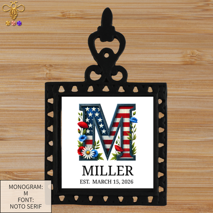 Patriotic Monogram Name & Est. Date Tile – 4x4, 6x6, 8x8 (Trivet & Display)