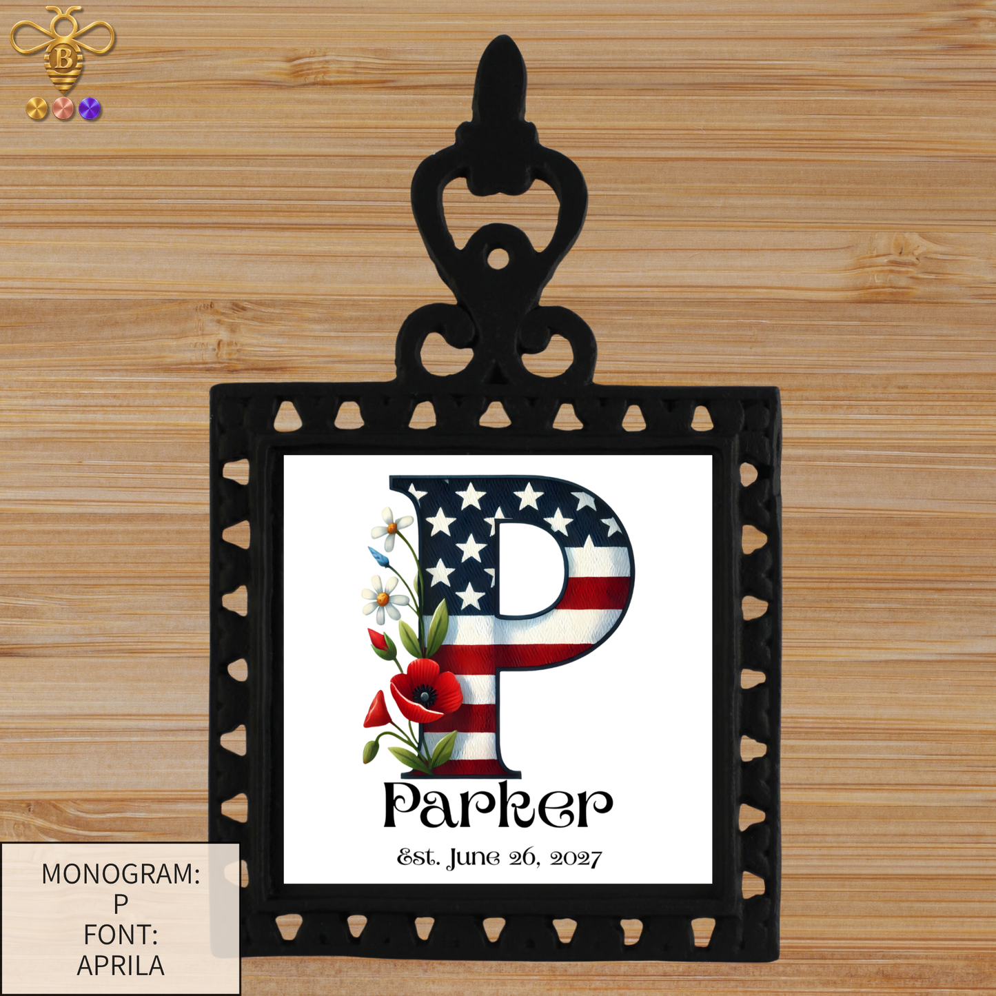 Patriotic Monogram Name & Est. Date Tile – 4x4, 6x6, 8x8 (Trivet & Display)