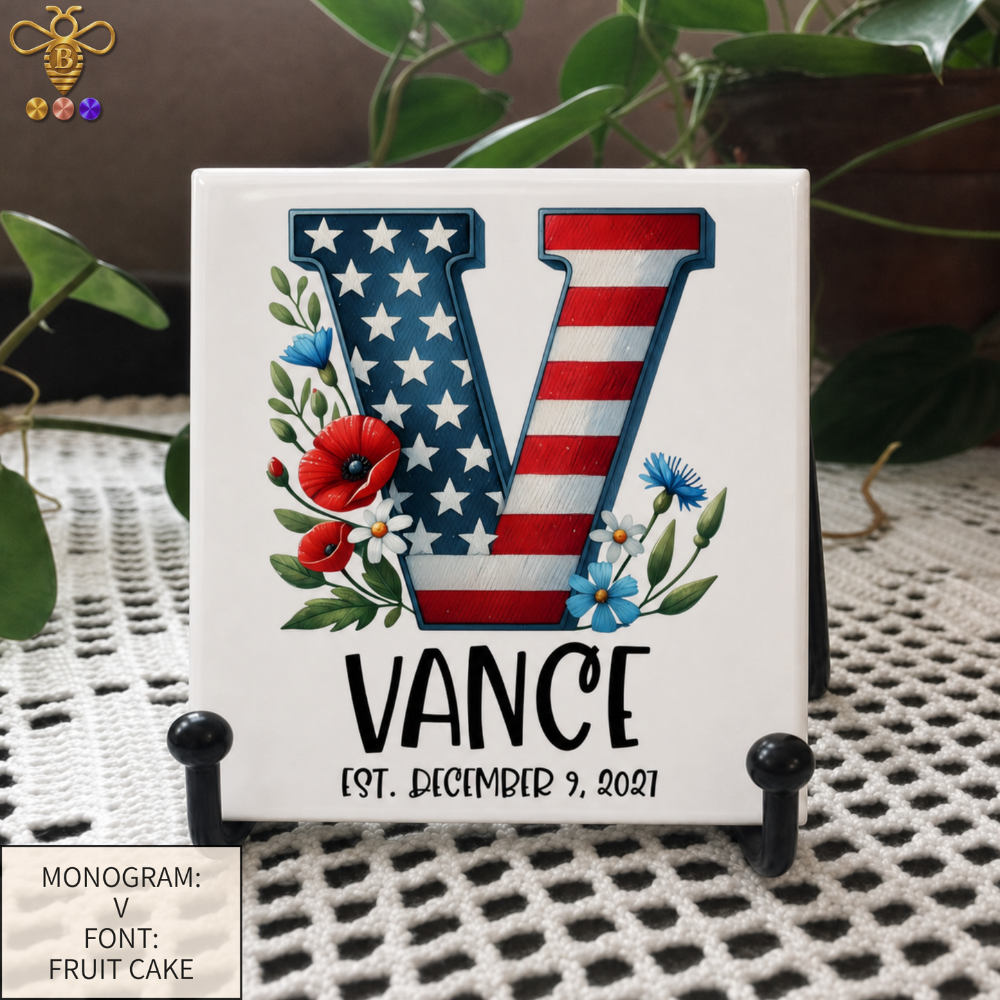 Patriotic Monogram Name & Est. Date Tile – 4x4, 6x6, 8x8 (Trivet & Display)