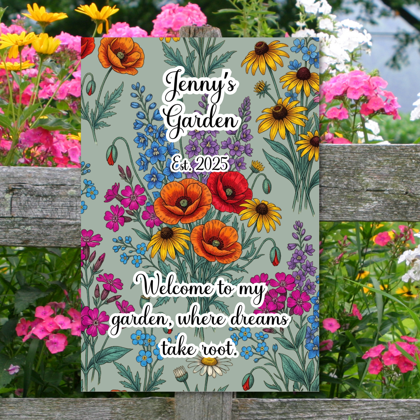 Personalized Aluminum Flower Garden Wall Sign –Name, Date & Quote