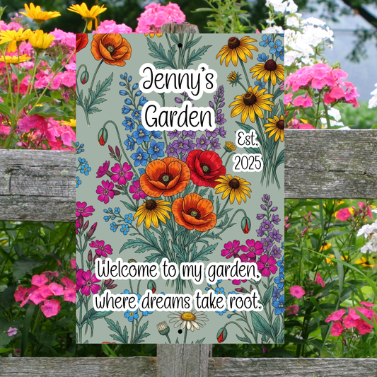 Personalized Aluminum Flower Garden Wall Sign –Name, Date & Quote