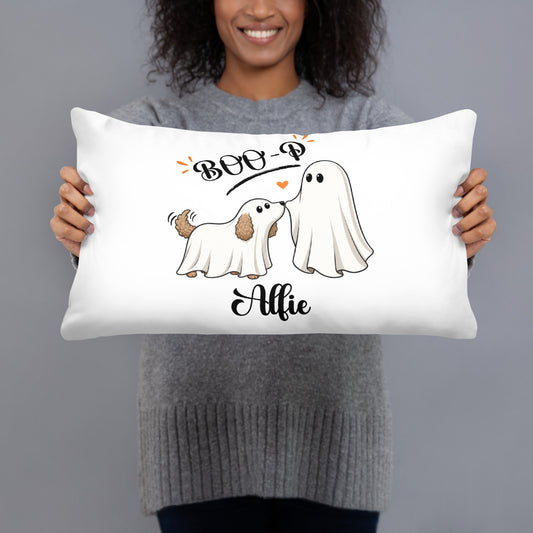 Custom Halloween Ghost Lumbar Pillow Starring Your Pet – “Boo‑p” Design