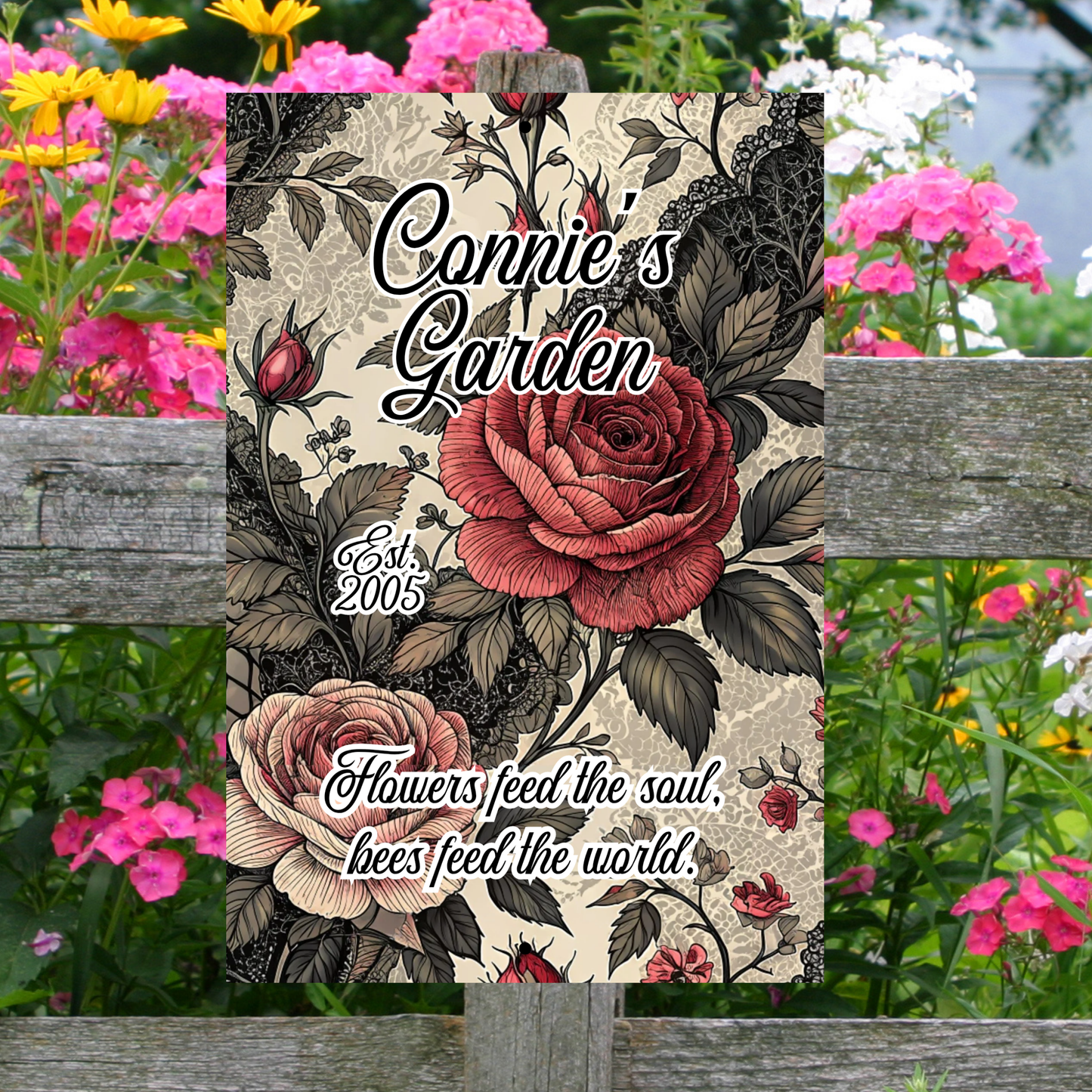 Personalized Aluminum Flower Garden Wall Sign –Name, Date & Quote
