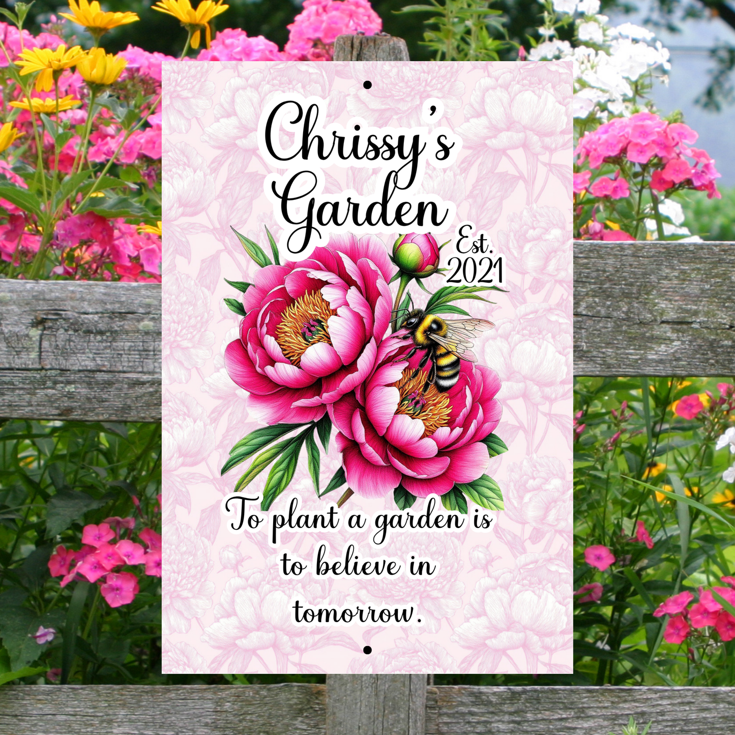 Personalized Aluminum Flower Garden Wall Sign –Name, Date & Quote