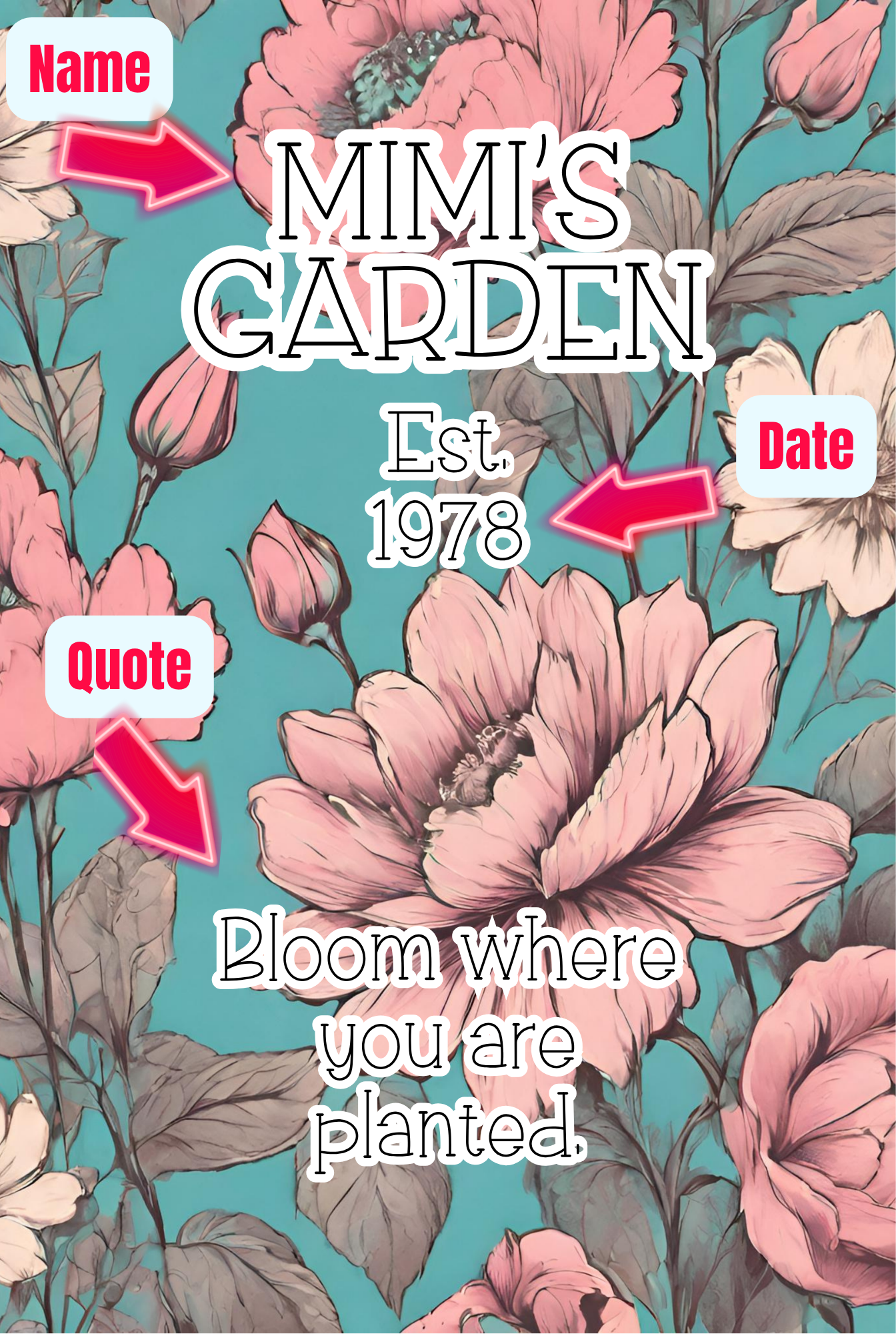 Personalized Aluminum Flower Garden Wall Sign –Name, Date & Quote