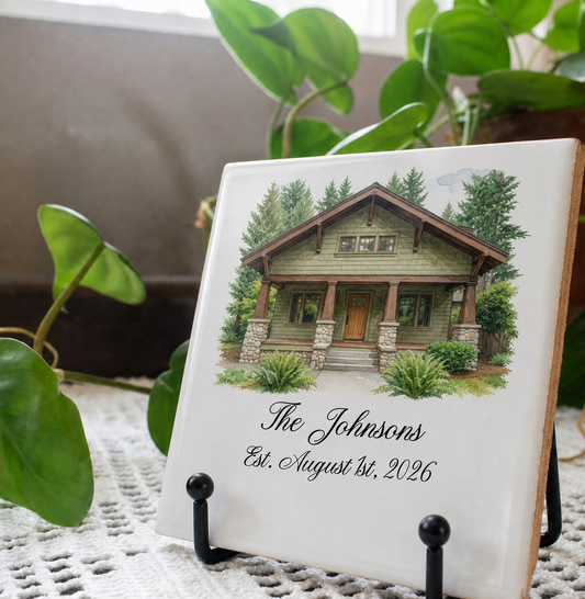 Tiles & Trivet (House Portrait) with Name & Est. Date (Choose Tile Type)