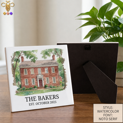 Tiles & Trivet (House Portrait) with Name & Est. Date (Choose Tile Type)