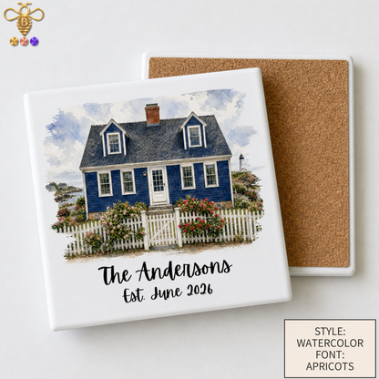 Tiles & Trivet (House Portrait) with Name & Est. Date (Choose Tile Type)